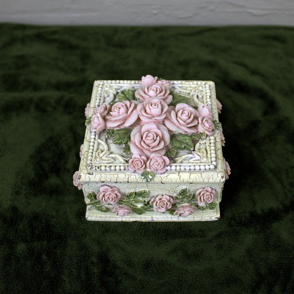 Vintage Dezine Hand Painted Floral Trinket Box Shabby Chic Pink Roses #3802